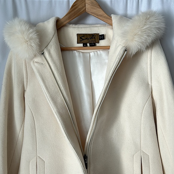 Sachi Collection Beautiful Fur Trimmed Hooded Cream Wool Jacket Coat **Size 6P** - Picture 3 of 5